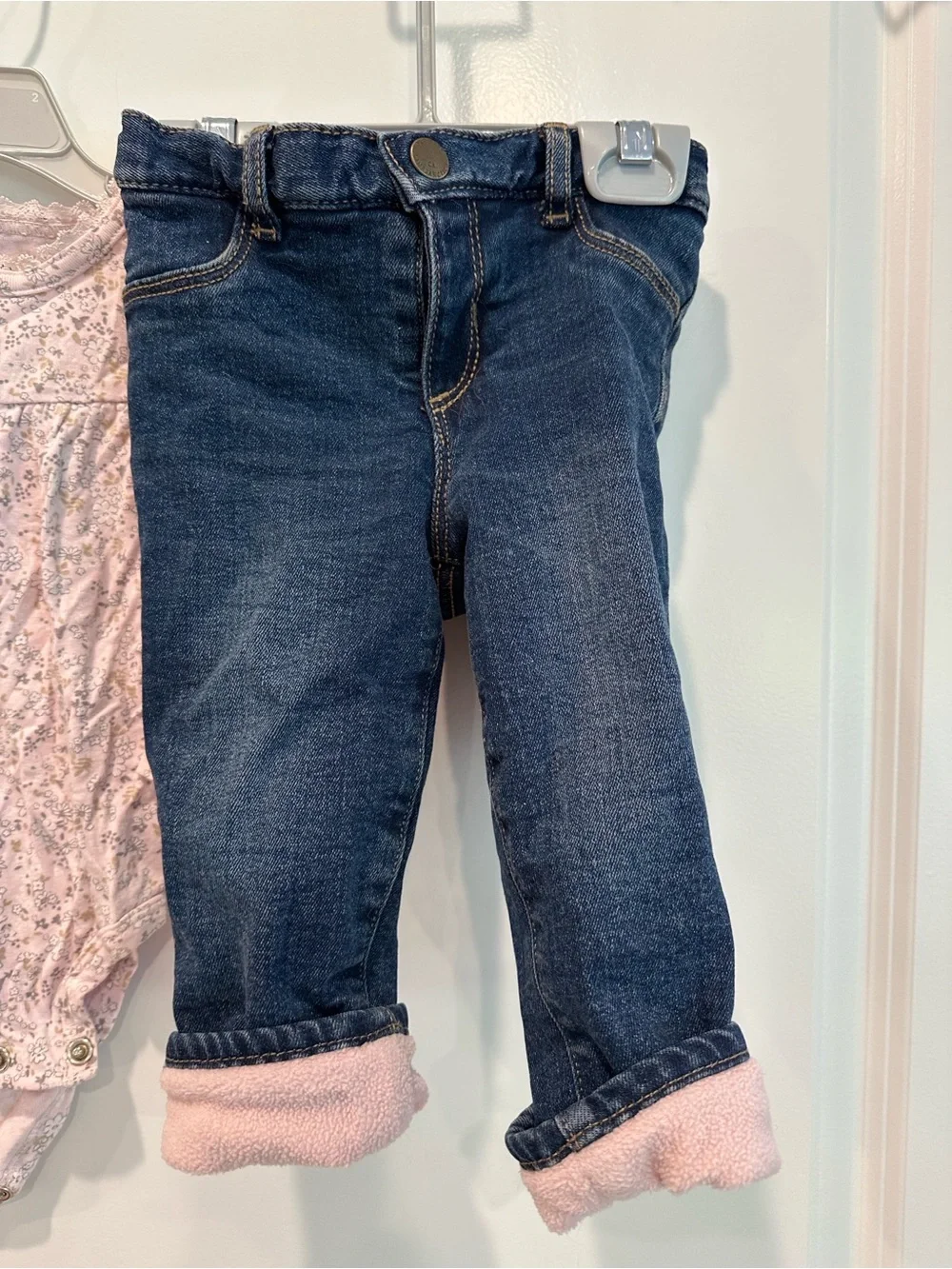 12-18 months Fleece Lined Jean and Long-Sleeve Pink Floral Top